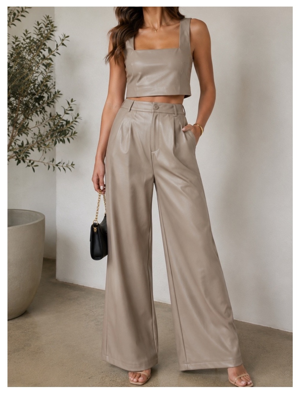 🟠NWT AKAIV 2PC Set Faux Leather Top and Pleated Wide Leg Trouser Pants in Khaki